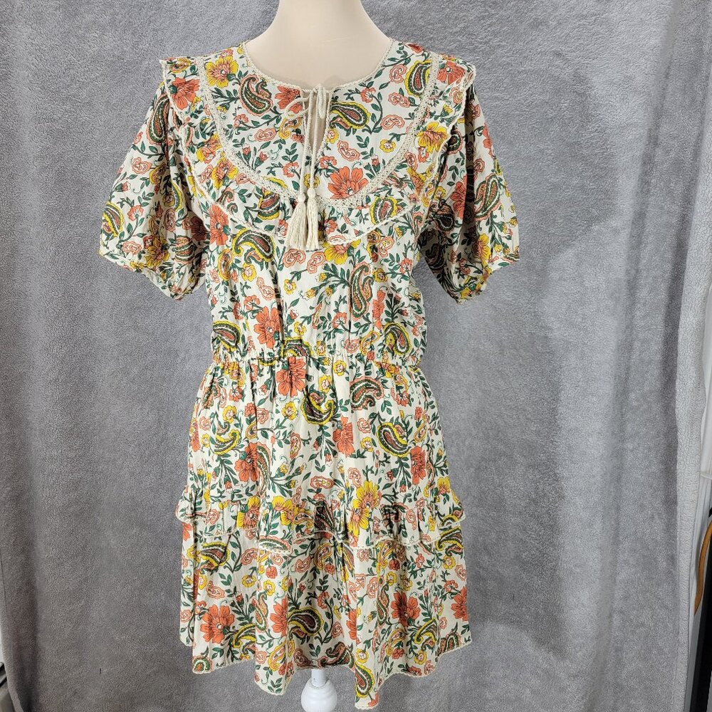 Maisie 100% Cotton Boho Paisley Ruffle Tassel Mini Dress Size XL